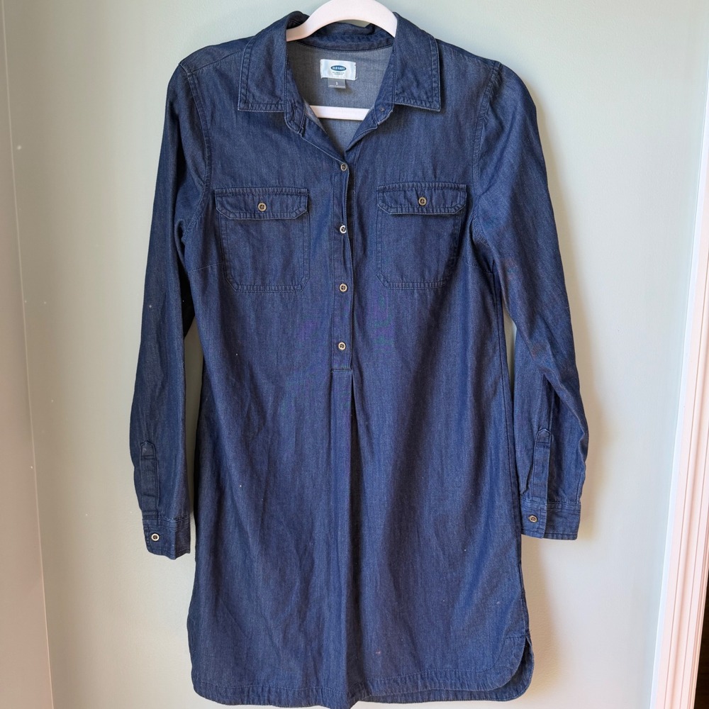 Old Navy Denim Shirt Dress Long Sleeve 100% Cotton Blue Lightweight Size Small